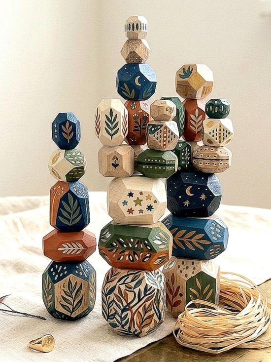 Other - Hand-Painted Wooden Stacking Blocks - Earthy Greens & Deep Blues